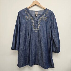 Chico's Chambray Beaded Embroidered Tunic Top Size 12 Large Cotton Lyocell
